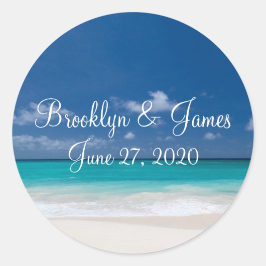 Trouwstickers Blauwe Strand Ronde Sticker (Voorkant)