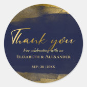 Trouwstickers | Blauwe Waterverf Abstract verguld Ronde Sticker (Voorkant)