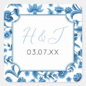 Trouwstickers Chintz Blauw & Wit Bloemen Ditsy Vierkante Sticker (Voorkant)
