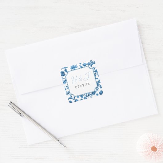 Trouwstickers Chintz Blauw & Wit Bloemen Ditsy Vierkante Sticker (Envelop)