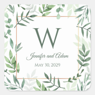 Trouwstickers met initiaal blad tuin vierkante sticker