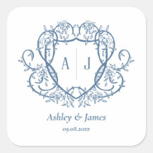 Trouwstickers met stalen blauwe monogrammenkrans e