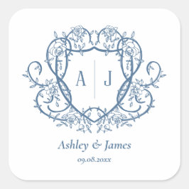 Trouwstickers met stalen blauwe monogrammenkrans e vierkante sticker