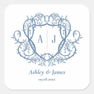 Trouwstickers met stalen blauwe monogrammenkrans e vierkante sticker