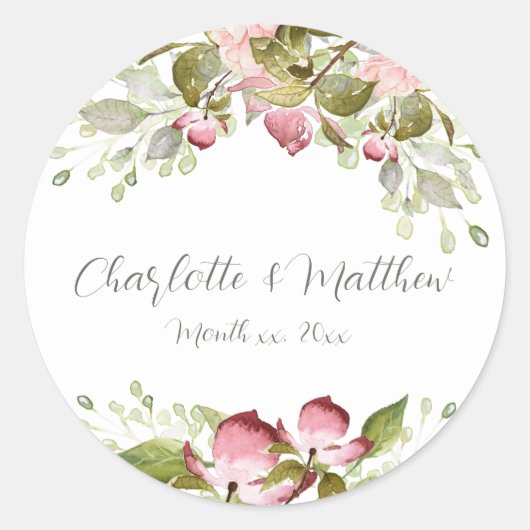 Trouwstickers Waterverf Roze Rozen Ronde Sticker (Voorkant)