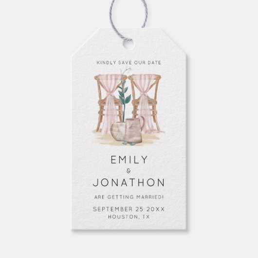Trouwstoelen Boho Pink Save The Date Cadeaulabel (Voorkant)