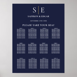 Trouwstoelenkaart met Navy Blauwe en Gouden Monogr Poster