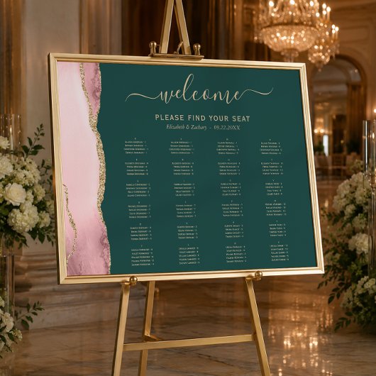 Trouwstoelindeling Blush Goud Agate Smaragd Groen Poster