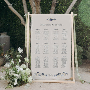 Trouwstoelindeling bord met marineblauw bloemmotie spandoek