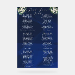 Trouwstoelindeling bord met Navy Blue bloemmotief