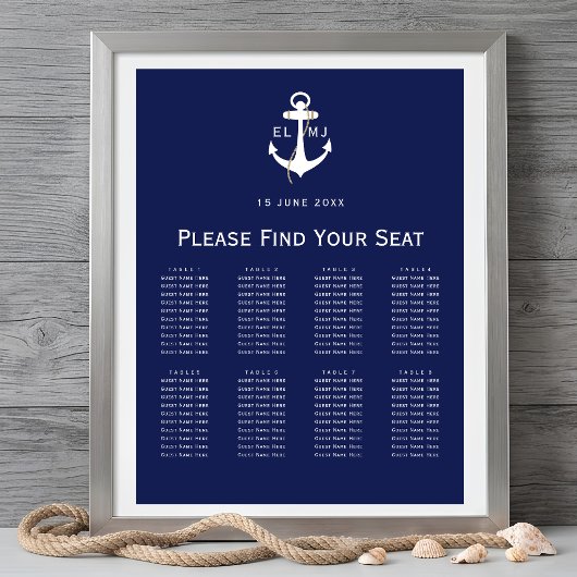 Trouwstoelindeling bord Navy Nautical Poster