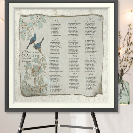Trouwstoelindeling met turquoise liefdesvogels poster