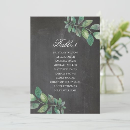 Trouwstoelindeling op schoolbord. Groene bladeren Kaart (Staand voorkant)