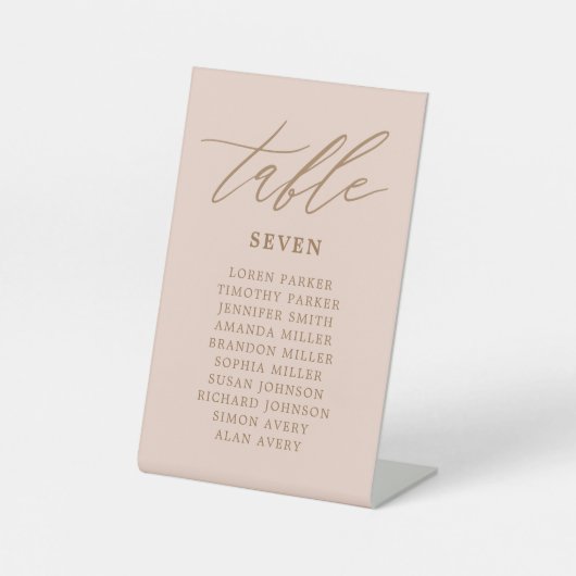 Trouwstoelindeling Tafelnummer Blush en Goud Reclamebord Met Voetstuk (Voorkant)