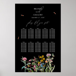 Trouwstoelindeling Zwarte Boho Tuin met Wilde Bloe Poster