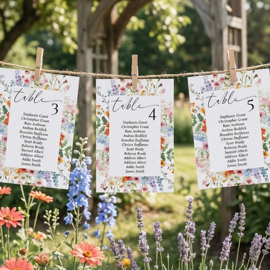 Trouwstoelindelingkaartjes met wilde bloemenweide kaart