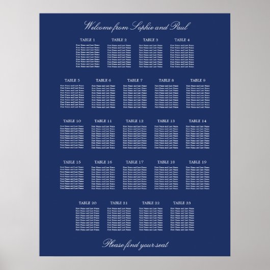 Trouwstoelindelingposter Navy Blue 23 Tafels Poster (Voorkant)