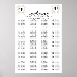 Trouwstoelkaart met donkerbloemige monogram emblee poster