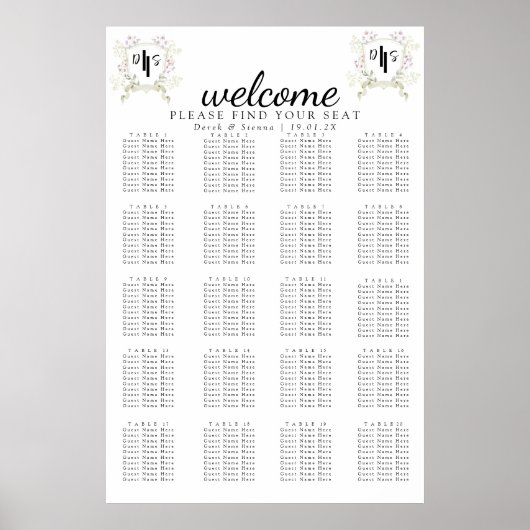 Trouwstoelkaart met donkerbloemige monogram emblee poster (Voorkant)