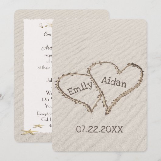 Trouwstrand Harten met Namen Kaart (Voorkant / Achterkant)