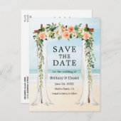 Trouwstrand Luifel Waterverf Koraal Witte Bloemen Aankondigingskaart (Voorkant / Achterkant)