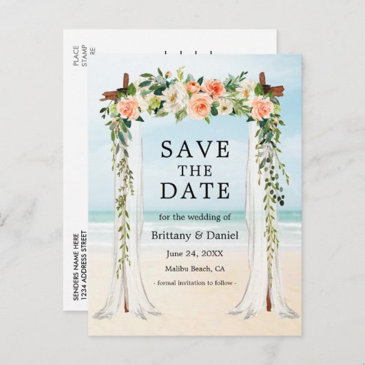 Trouwstrand Luifel Waterverf Koraal Witte Bloemen Aankondigingskaart (Voorkant / Achterkant)