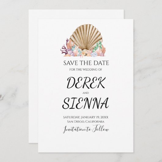 Trouwstrand met koraal en schelpen save the date (Voorkant / Achterkant)