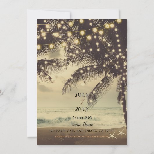 Trouwstrand Oceaans Palmboom & Lichtjes Bruiloft Kaart (Achterkant)
