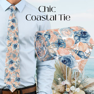 Trouwstrand Shell Bloemen Blauw Blush Wit Stropdas