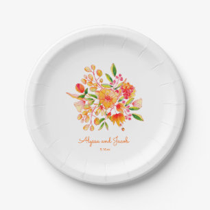 Trouwstuk Oranje Waterverf Bloemen Aangepaste Trou Papieren Bordje