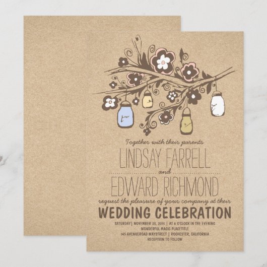 Trouwsuite rustieke kraft bloemenmetselaars potten kaart (Voorkant / Achterkant)