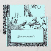 TROUWT LIEFDE PAUWEN Zwart Turkoois Blauw Uitnodig Kaart (Voorkant / Achterkant)