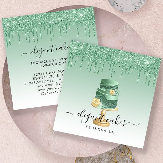 Trouwtaart Glitter Drip Mintgroene Bakkerij Vierkante Visitekaartje