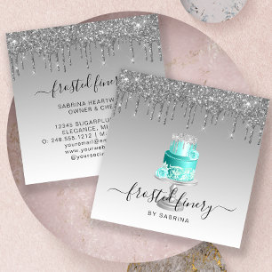 Trouwtaart Glitter Drip Zilver Turquoise Bakkerij Vierkante Visitekaartje