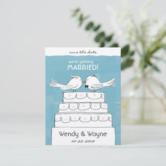 Trouwtaart Vogels Bruid & Bruidegom Save the Date (Staand voorkant)