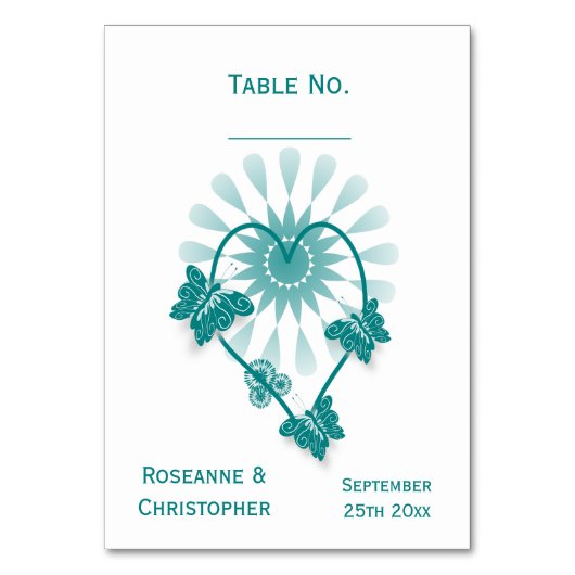 Trouwtafel nummer Blauwgroen vlinders hart Kaart (Voorkant)