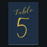 Trouwtafel nummer goud glitter marine elegant kaart<br><div class="desc">Faux gouden folie formele kalligrafie script bruiloft receptie tafel kaart. De marineblauwe achtergrondkleur is bewerkbaar. U kunt deze wijzigen nadat u op de knop PERSONALISEREN hebt gedrukt. U kunt het hele bereik van nummers (1 - 50) hier vinden: http://bit.ly/2sLMaFh Als u hulp nodig hebt, neem dan contact met mij op...</div>