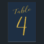 Trouwtafel nummer goud glitter marine elegant kaart<br><div class="desc">Faux gouden folie formele kalligrafie script bruiloft receptie tafel kaart. De marineblauwe achtergrondkleur is bewerkbaar. U kunt deze wijzigen nadat u op de knop PERSONALISEREN hebt gedrukt. U kunt het hele bereik van nummers (1 - 50) hier vinden: http://bit.ly/2sLMaFh Als u hulp nodig hebt, neem dan contact met mij op...</div>