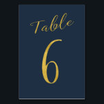 Trouwtafel nummer goud glitter marine elegant kaart<br><div class="desc">Faux gouden folie formele kalligrafie script bruiloft receptie tafel kaart. De marineblauwe achtergrondkleur is bewerkbaar. U kunt deze wijzigen nadat u op de knop PERSONALISEREN hebt gedrukt. U kunt het hele bereik van nummers (1 - 50) hier vinden: http://bit.ly/2sLMaFh Als u hulp nodig hebt, neem dan contact met mij op...</div>