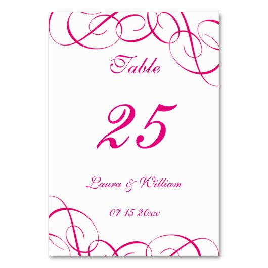 Trouwtafel nummer Kaarten | Fuchsia Swirls Design (Voorkant)