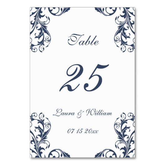 Trouwtafel nummer Kaarten | Navy Damask Design (Voorkant)