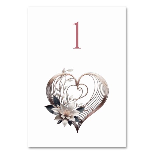 Trouwtafel Nummer-Modern Roze Hart met Bloem Kaart (Voorkant)
