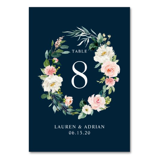 Trouwtafel Nummer Navy Blush Bloemenkrans Kaart (Achterkant)