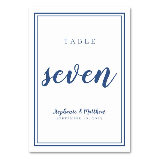 Trouwtafel nummer zeven eenvoudige blauw & wit kaart (Voorkant)