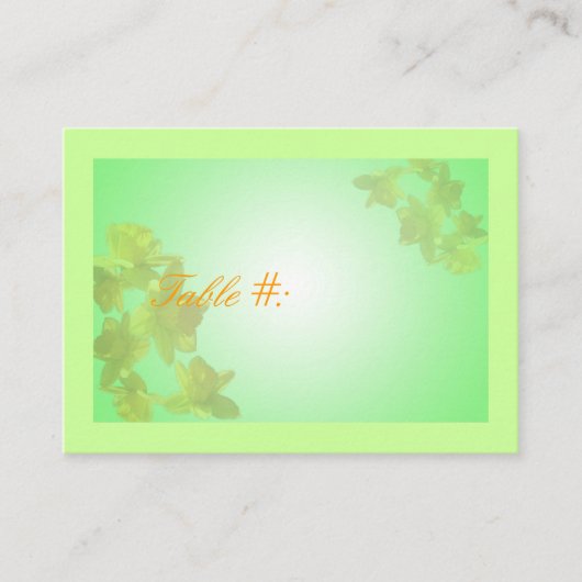 trouwtafel-nummerkaart, gele tulpbloemen plaatskaartje (Voorkant)