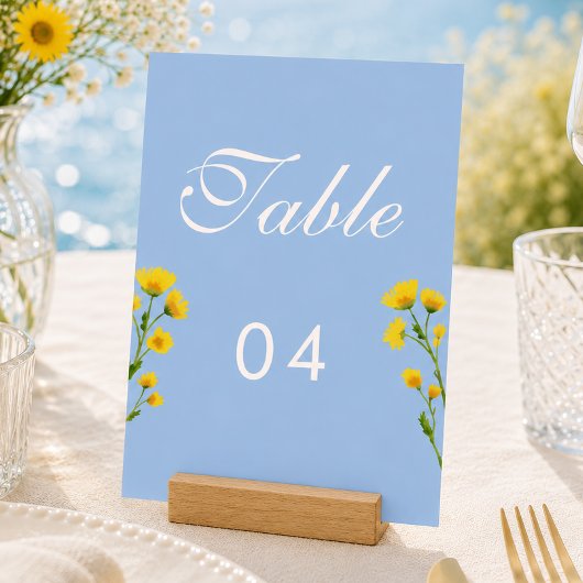 Trouwtafel nummers in blauw en geel boterbloem kaart