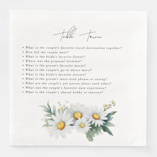 Trouwtafel trivia madeliefjes servet (Voorkant)