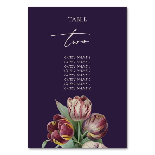 Trouwtafelkaart met paarse tulpen kaart (Achterkant)