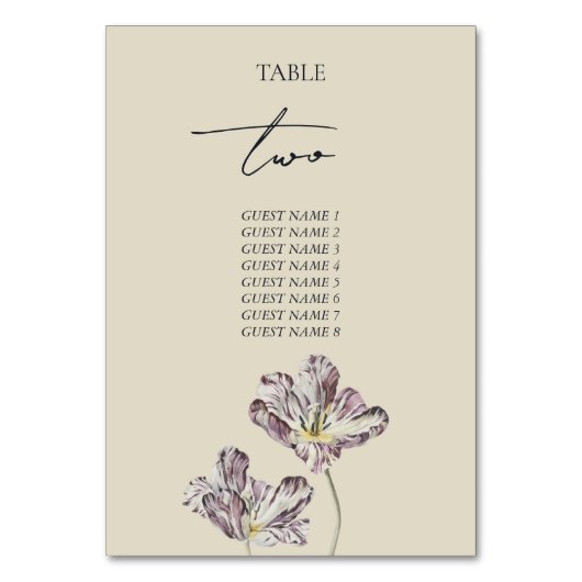 Trouwtafelkaart met paarse tulpen kaart (Voorkant)