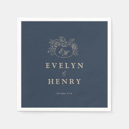 Trouwtafelkleden met marineblauw gouden monogram servet
